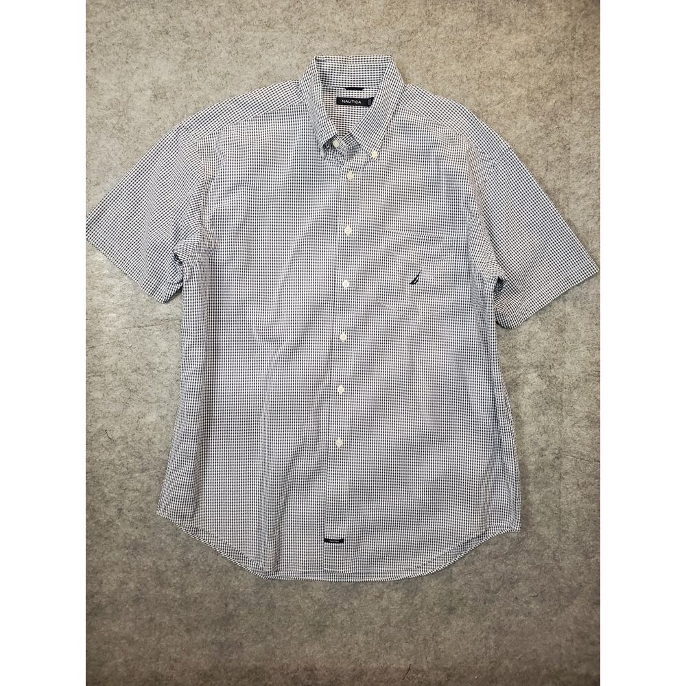 Nautica Mens XL Button Down Shirt Blue White Seersucker Short Sleeves